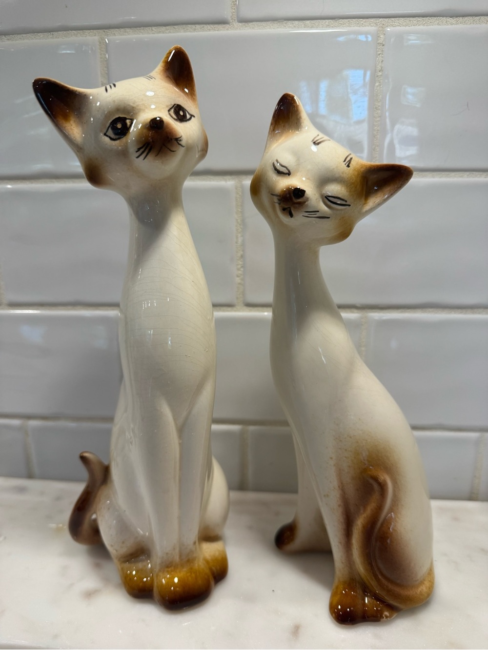 Vintage Mid-Century Modern Siamese Cat Figurine Pair Long Neck Atomic Era Decor
